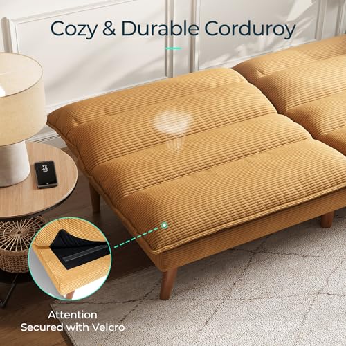 LINSY Futon Sofa Bed - 71 Inch Corduroy Futon Couch with Adjustable Backrest Convertible Folding Futons Sofa Couches for Small Spaces Living Rooms Apartment Office (Yellow) LINSY