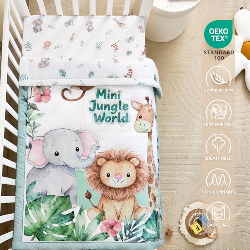 NacoMoco 3-Piece Crib Bedding Set for Boys Girls - Ultra Soft & Skin Friendly Baby Bedding Set Includes Crib Comforter, Sheet & Crib Skirt (Safari) NacoMoco