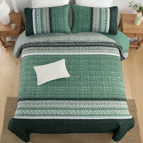 Menghomeus Quilt Queen Size, Green Patchwork Striped Quilt Set 3 Pieces, Soft Lightweight Bedspread Coverlet Bedding Set for All Season 96"x90" Menghomeus