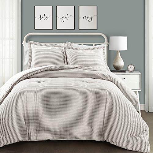 Lush Decor Stripe Reversible Cotton Comforter Set, Cozy Farmhouse Bedding Set, Full/Queen, Gray, 3 Piece Set Lush Decor