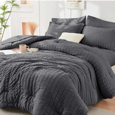 HYMOKEGE Full Size Comforter Sets Seersucker 7 Pieces, All Season Luxury Bed in a Bag for Bedroom, Bedding Set with Comforters, Sheets, Pillowcases & Shams, Dark Grey