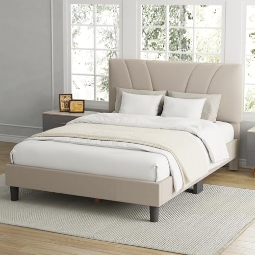 Avenco Queen Bed Frame, Upholstered Platform Bed Frame with Adjustable Headboard, Wood Slat Support, Easy Assembly, No Box Spring Needed, Beige Avenco