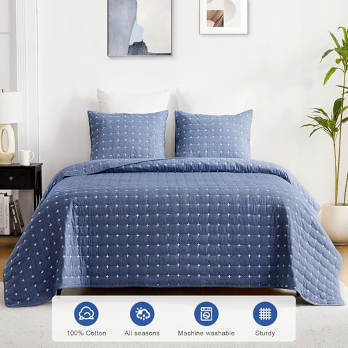 ENJOHOS Blue 100% Cotton Linen Twin Quilt Set, Twin Bedspread Coverlet, Twin Size Quilt Bedding Set, Reversible Lightweight Bed Quilt with Shams for Girl Boy Kid (2 Pieces, 68"x86") ENJOHOS
