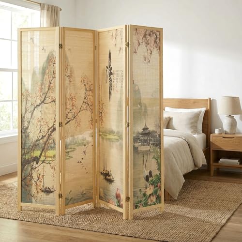 MyGift 4-Panel Folding Bamboo Room Divider Asian-Inspired Cherry Blossom Scene, 6 FT Freestanding Floral Artwork Room Partitioner with Beige Wood Frame MyGift