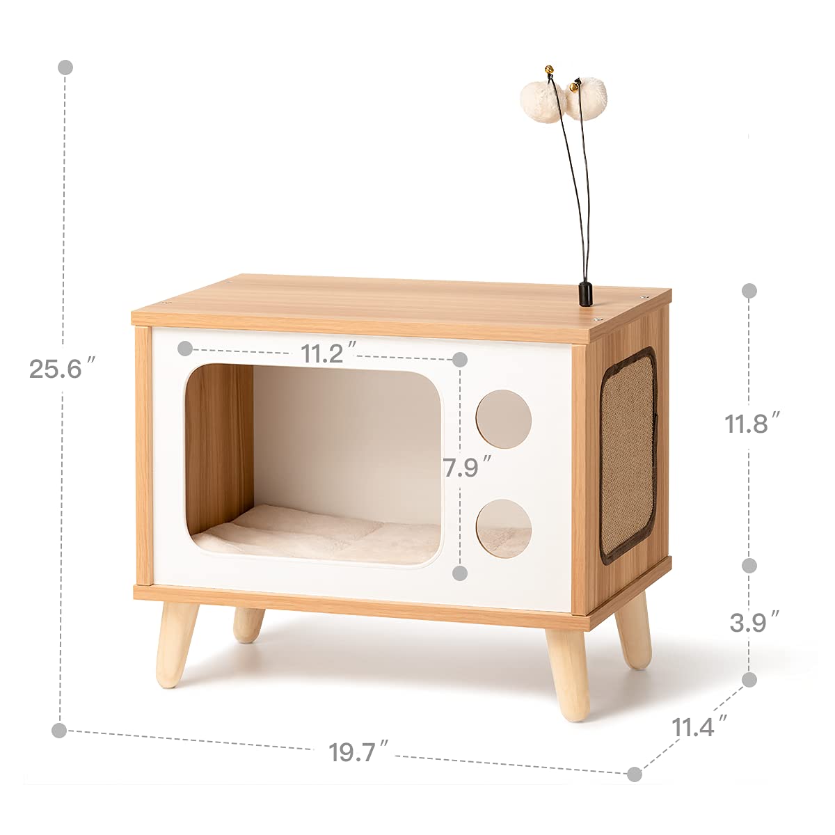 Cat House Wooden Condo Cat Bed Indoor TV-Shaped Sturdy Large Luxury Cat Shelter Furniture with Cushion Cat Scratcher Bell Ball Toys Rolife