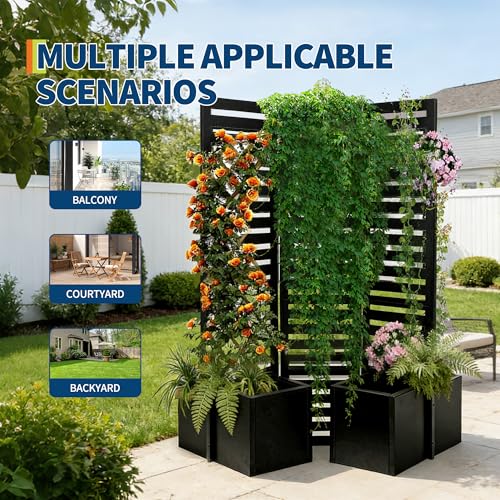 Privacy Screen with Planter Box - 3-Panel Freestanding Outdoor Room Divider, 51x70x31 Inch Metal Garden Fence with 4 Self-Draining Raised Garden Beds for Patio Deck Yard, Black Garvee