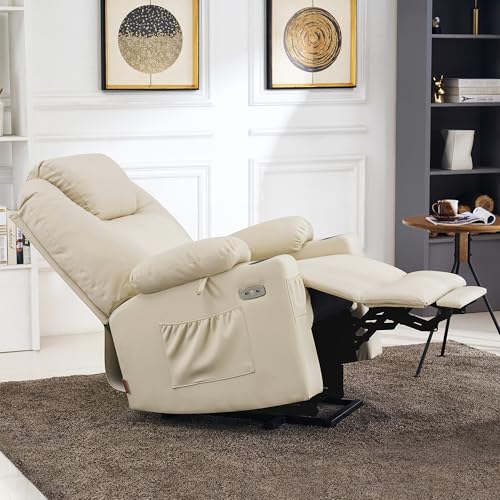 MCombo Large Power Lift Recliner Chair with Massage and Heat for Tall Elderly People, 3 Positions, Cup Holders, and USB Ports, Faux Leather 7516 (Large, Cream White) MCombo