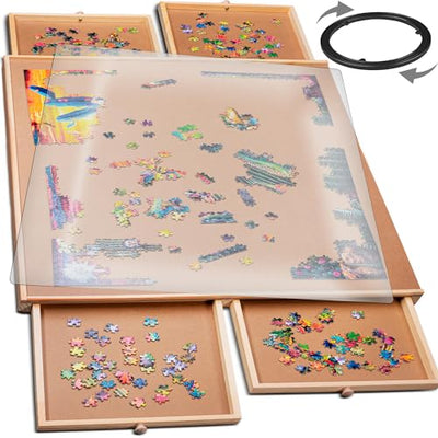 PLAYVIBE Rotating Jigsaw Puzzle Board with Drawers 1000 Piece – Puzzle Table with Cover, 4 Drawers, 22 1/4” x 30" – Wooden Puzzle Organizer – Puzzle Accessories