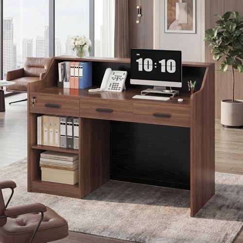 ANGRYWIN Reception Desk with Counter, Front Desk with 3 Drawers and Storage Cabinet, 47 inch Modern Retail Counter with Cable Grommet for Checkout, Barber, Beauty Salon, Home Office ANGRYWIN