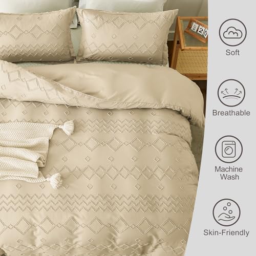 EMME Boho Duvet Cover Set - Tufted Comforter Set with Boho Embroidery, All-Season Bedding for Twin, 1 Duvet + 1 Pillowcase (Beige) EMME