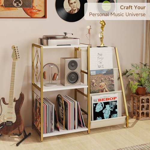 INHABIT UNION Record Player Stand, Turntable Stand with 3-Tier Vinyl Storage, Vinyl Record Stand Storage up to 200+ Albums,Vinyl Display Holder Shelf for Living Room,Bedroom(Glod White) INHABIT UNION