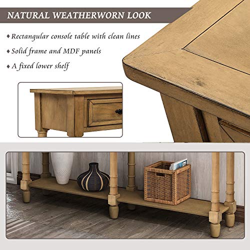 Knocbel 58in Long Accent Entry Console Table with Drawers & Bottom Open Shelf, Solid Wood Sofa Couch Side Table for Entryway Hallway Living Room (Old Pine) Knocbel