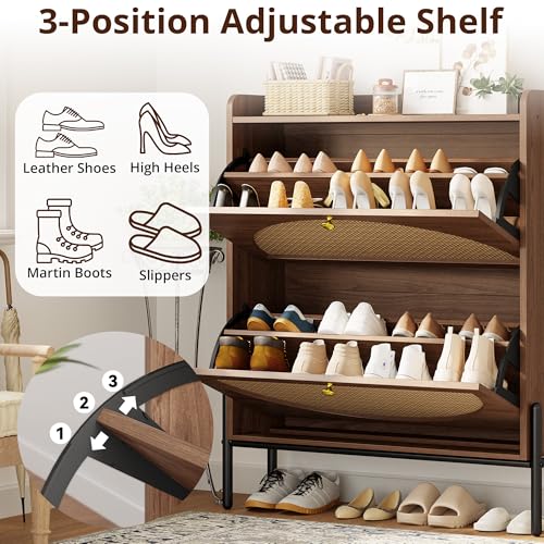 IRONCK Shoe Cabinet Storage with 2 Flip Drawers, Free Standing Wooden Shoe Storage Organizer Cabinet with Rattan Doors for Entryway, Narrow Shoe Rack Cabinet, Walnut IRONCK