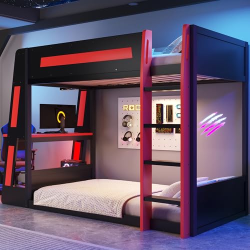Twin Size Gaming Bunk Bed with Desk & LED Light & Charging Station,Twin over Twin Wood Loft Bed Frame with 2 Storage Shelves & Safety Guardrails & Ladder for PC & Console Gamers Bedroom,Black Red FUvellamo