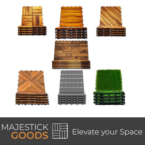Interlocking Deck Tiles 8 Pack Diagonal - Snap Together Wood Flooring | 12 x 12 Acacia Hardwood Outdoor Flooring for Patio | Floor Decking Tile - Balcony Backyard Decor, Outside Wooden Patio Pavers Majestick Goods