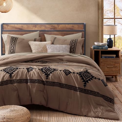 MaiRêve Embroidery Comforter Set, Boho Farmhouse Western Bedding Set, All Season Bed in A Bag Comforter Set with Sheets, Pillowcases & Shams, Brown King 7 Pieces MaiRêve