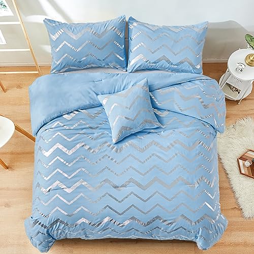Menghomeus Blue/Silver Comforter Set Twin/Twin XL Size Metallic Print Glitter Bed Comforter Cute Shinny Bedding Sets for Teen Girls Kids, 3 Piece (1 Pillowcase, 1 Decorative Pillow Sham) Menghomeus