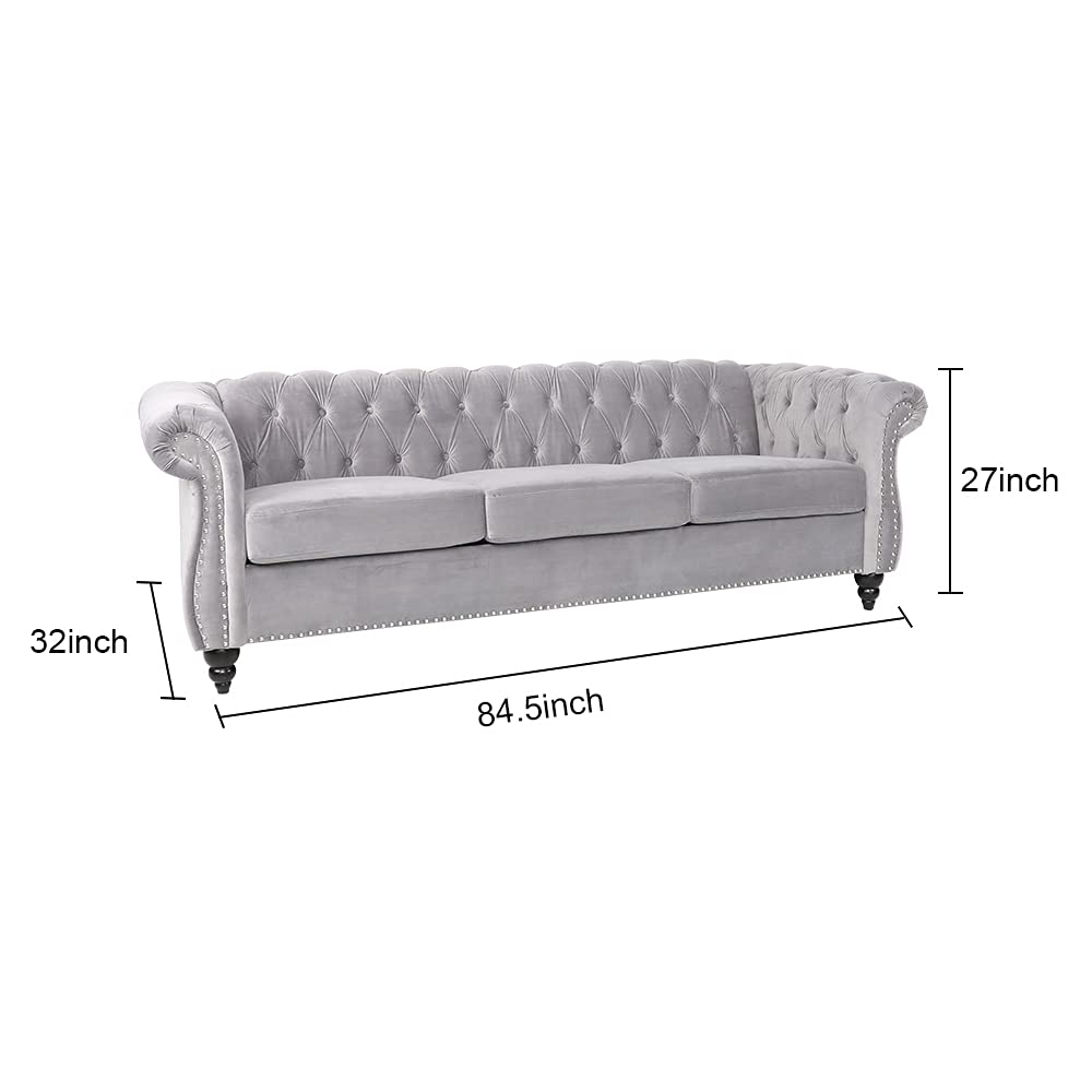 PHOYAL Large Sofa, Velvet Sofa Three-seat Sofa Classic Tufted Chesterfield Settee Couch Modern 3 Seater Couch Furniture Tufted Back for Living Room (Grey) PHOYAL