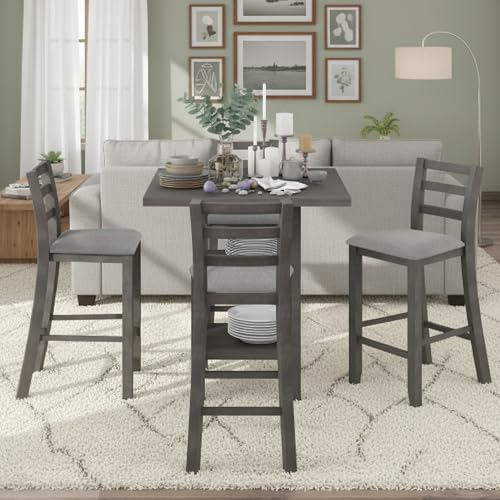 Bellemave 5 Piece Wooden Counter Height Dining Set, Square Dining Table with 2-Tier Storage Shelving and 4 Padded Chairs, Kitchen Dining Table Set for 4 Persons, (Gray & Storage) Bellemave