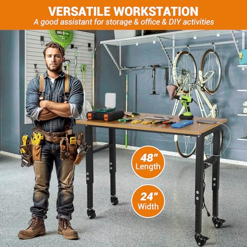 48" Adjustable Workbench with Power Outlet & Wheels, Heavy-Duty 48 x 24 in Work Bench, 2500 lbs Load Capacity for Garage, Workshop & Home EliteEdge