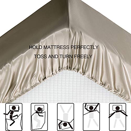 Satin Bed Sheets California King Size Sheets Set, Taupe Silk Sheets, 4 - Pieces Soft Bedding Set with 1 Deep Pocket Fitted Sheet,1 Flat Sheet,2 Pillowcase Luxbedding