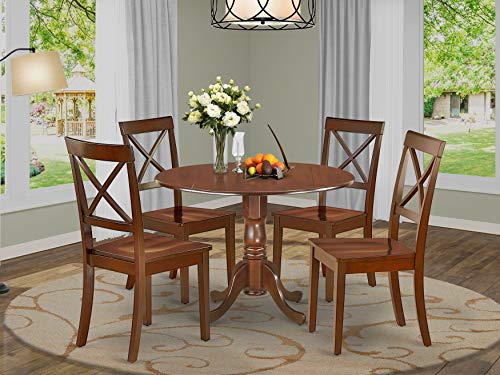 East West Furniture DLBO5-MAH-W 5-Piece Dining Table Set - 4 Dining Room Chairs with Wooden Seat - A Lovely Kitchen Table with Two 9-inch Drop leaves East West Furniture