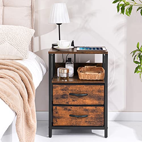 Yoobure Nightstand with Charging Station, Small Night Stand with Fabric Drawers and Storage Shelf for Bedrooms, Small Spaces, Bedside Table with USB Ports & Outlets Yoobure