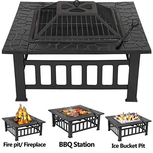 LEMY 32 Inch Outdoor Fire Pit Table, Wood Burning Firepit Stove with Lid for Camping&BBQ, Garden, Backyard LEMY