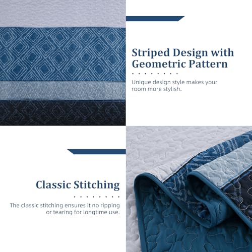 Cottolester Navy Blue Full Quilt Set,Striped Plaid Bedspread Coverlet Set,Khaki Boho Summer Bedding Set Soft Microfiber Bedding Set with 2 Pillow Shams 78"x90" Cottolester
