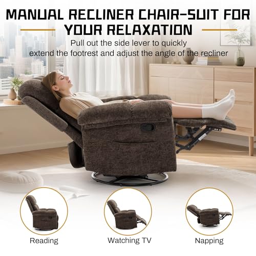 Korser Recliner Chair, Swivel Rocker Recliner Chair for Adults, Small Recliners for Small Spaces, Upholstered Manual Recliner with Side Pockets, Nursery Rocking Chair for Living Room, Chenille, Brown