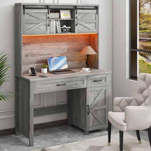 Vabches Farmhouse 47" Executive Desk, Computer Desk with 2 Drawers, LED Light and Storage Cabinet, Home Office Desk with Hutch, Charging Hub, Workstation for Home Office and Study(Grey Vabches