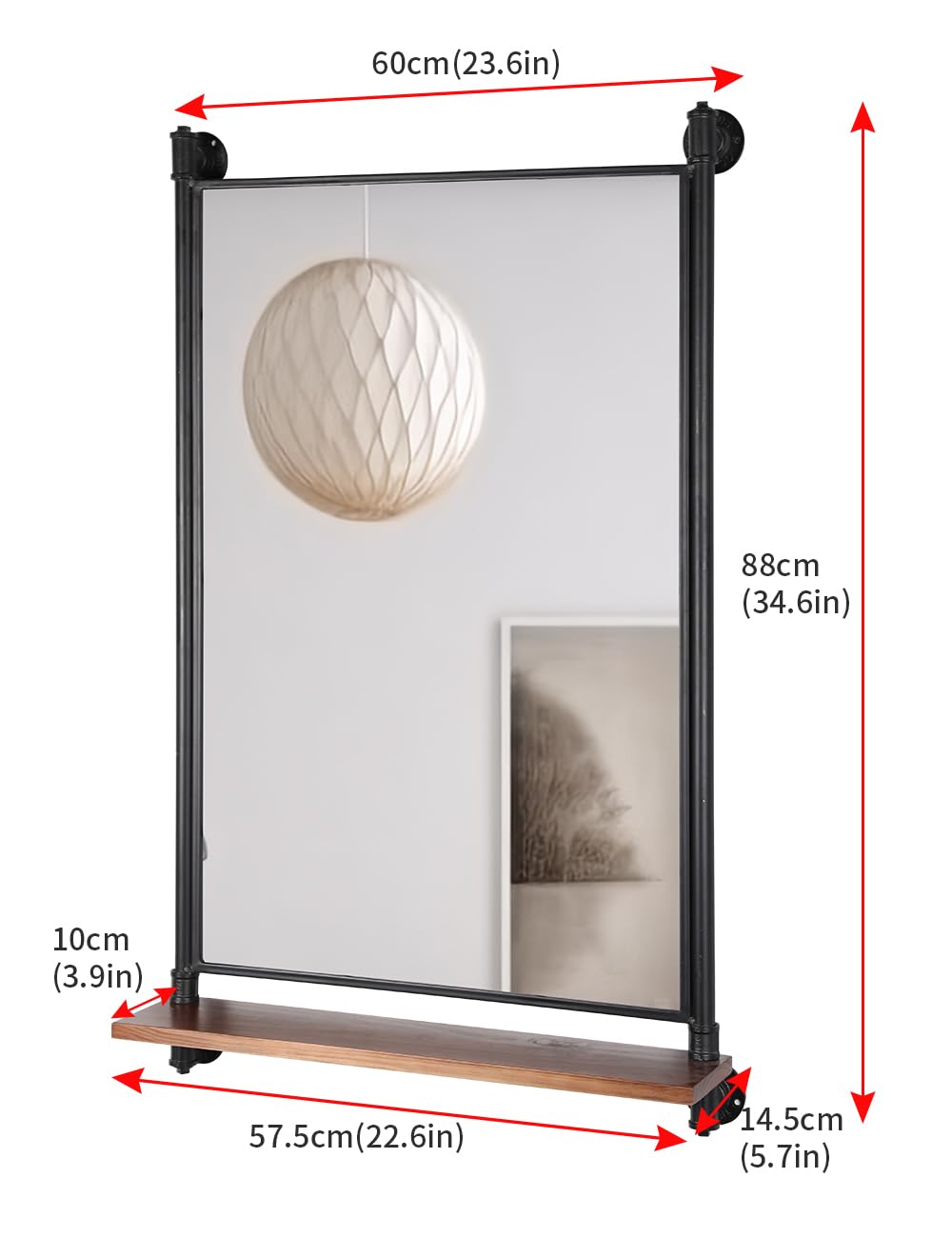 OLDRAINBOW Industrial Pipe Mirror Wood Shelves,Bedroom Mirror with Shelf,Rectangle Iron Wall Mirrors for Living Room Bedroom(34.6 x 23.6 in) OLDRAINBOW