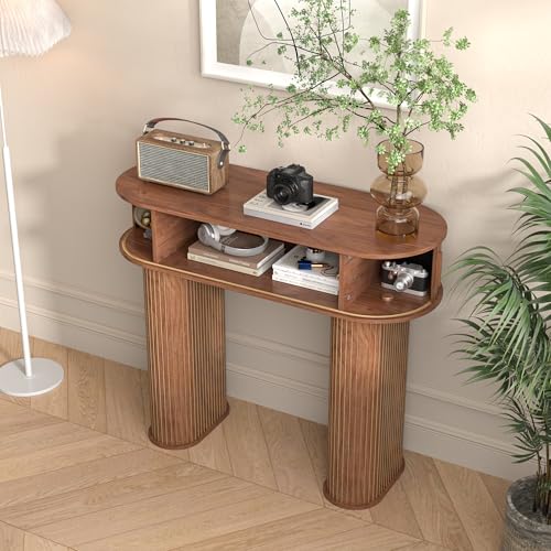 Round Console Table, Mid Century Modern Console Table, Sofa Table, Narrow Entryway Table for Hallway Living Room (Walnut) LUVIOHOME