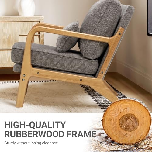 COLAMY Mid Century Modern Accent Chair Set of 2 with Lumbar Pillow, Relaxing Armchair with Solid Wood Frame & Soft Cushion, Reading Leisure Chair for Living Room,(Grey) COLAMY