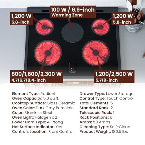 RANGAIRE RRE303GS 30" Electric Range, 5 Burners, 5.0 cu. Ft. Capacity, Freestanding Slide-in AirFry, True Convection Oven, Self Cleaning, Easy Reach Racks, Glass Touch, Stainless Steel Rangaire