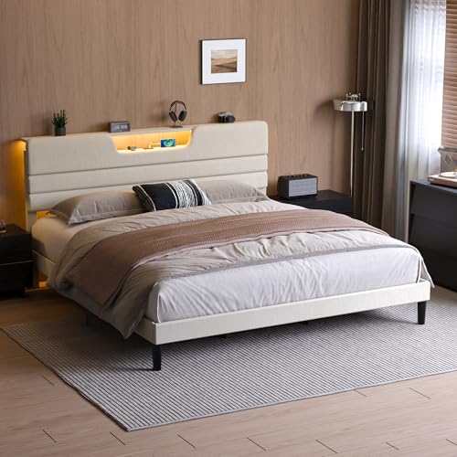OURPIC King Size Bed Frames with Upholstered Headboard, Modern Platform Bed with Charging Station and Led Lights, Bed Frame with Sturdy Wooden Slats/No Box Spring Needed/2-Tier Storage, Beige OURPIC