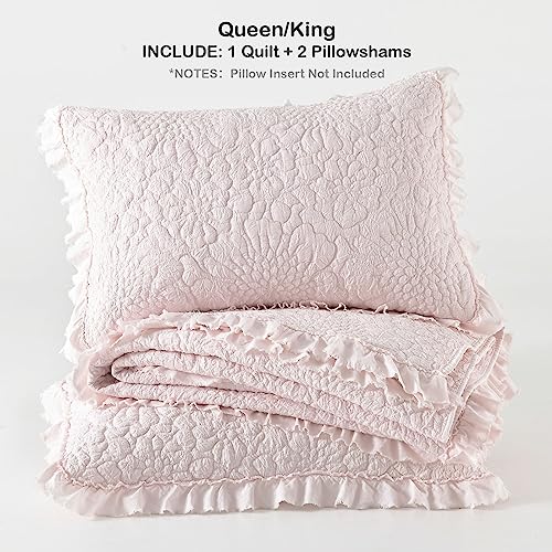 HORIMOTE HOME Pink Ruffled Quilt Queen Size, Stone-Washed Microfiber Lightweight Crinkled Farmhouse Rustic Shabby Chic Bedding Set, 3 Pieces Reversible Bedspread with Pillow Shams for All Season HORIMOTE HOME