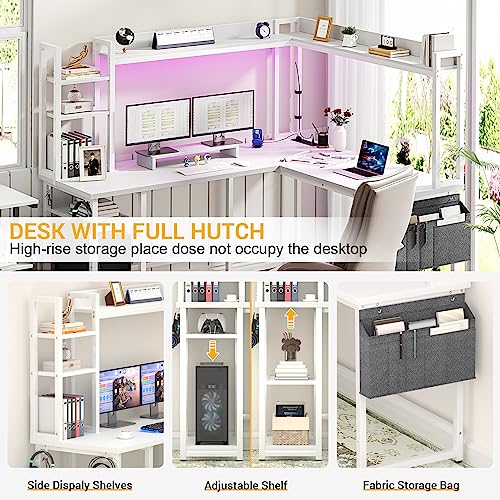 Aheaplus L Shaped Desk with Power Outlet, L Shaped Gaming Desk with Led Light & Hutch, Reversible Home Office Desk, Corner Computer Desk Writing Desk with Monitor Stand & Storage Shelves, White Aheaplus