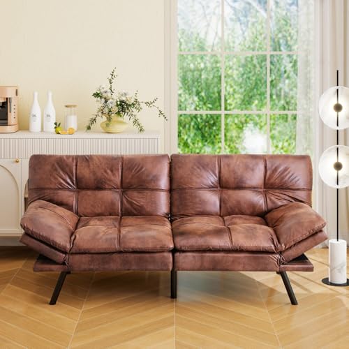 Vipbear 71" Futon Sofa Bed - Convertible Sofa Beds/Adjustable Backrest & Armrest, Comfy Loveseat Sleeper for Small Spaces, Apartments & Offices,Faux Leather Brown Futons Vipbear