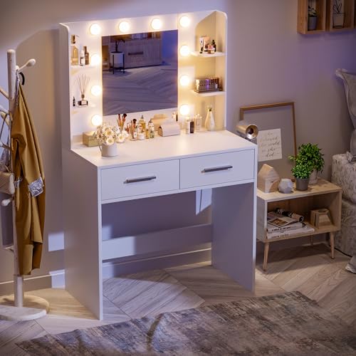 JUMMICO Makeup Vanity Desk with Mirror and Lights Power Outlet, Vanity Table Makeup Desk 2 Drawers, 6 Storage Shelves Hairdryer Holder & Bench Dressing Table for Bedroom (White, No Bench) JUMMICO