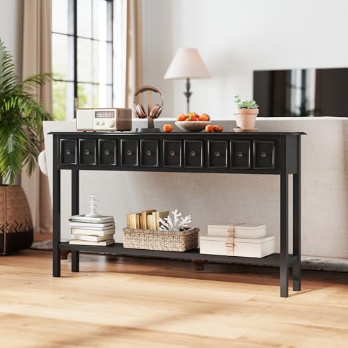 Giantex 60" Entryway Table, Long Narrow Console Table with 4 Drawers and Open Storage Shelf, Modern Slim Entry Tables, Farmhouse Wooden Sofa Tables with Anti-Tip Kit for Living Room, Hallway (Black) Giantex