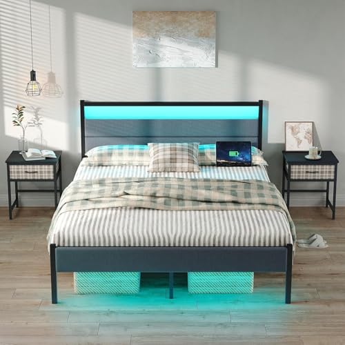 Full Bed Frames with Charging Station, LED Lights Bed with Grey Upholstered Headboard, Under Bed Storage, With Heavy Duty Slats Support, No Box Spring Needed, Noise Free, Easy Assembly, Black CollaredEagle