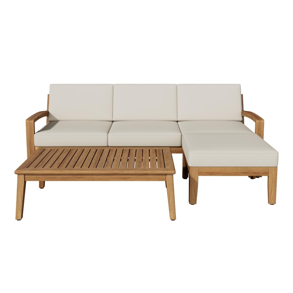 LICOME Patio Furniture Set 3-Piece Sectional Sofa - Acacia Wood Outdoor Furniture with Water-Resistant Cushions - Patio Deals - Garden Outdoor Chairs (Teak+ Beige) LICOME