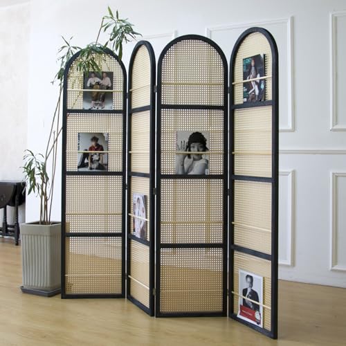 Furnnylane 4 Panel Room Divider Screen and Folding Panel Screen in Arch Shape and Book Storage Function,Double Sided Rattan Divider for Room Separation,Brown,70.9" H x 70.9" W Furnnylane