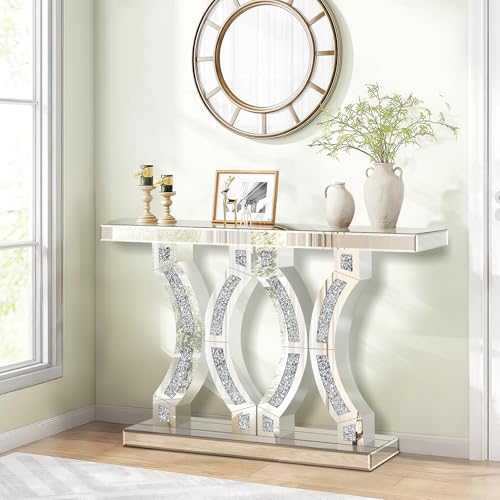 GA Home Silver Mirrored Console Table with Crushed Diamond Inlay, 39.37" Long Narrow Hallway Table for Entryway Foyer, Modern Glass Sofa Tables for Living Room GA Home