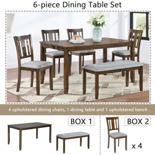Trygoal 6-Piece Dining Table Set for 4-6 People, Kitchen Set with 4 Upholstered Chairs and One Bench, Living Room Chairs with Slatted Backrest, Rectangular Wooden Table for Home Bar, Walnut Trygoal