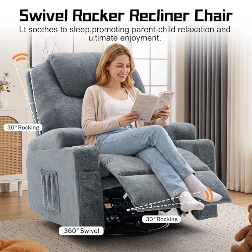 Korser Recliner Chair, 360° Manual Swivel Rocker Chair with Overstuffed Headrest, Rocking Chair with Massage and Heating, Lounge Chair with Cup Holders for Living Room, Bedroom, Nursery, RV, Chenille