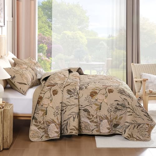 Dintszyayue Quilt Queen Size Brown, 3 Pieces Boho Floral Bedspread Bedding for Queen Size Bed, Soft Lightweight Microfiber Coverlet Set for All Season Quilt with 2 Pillowcases Dintszyayue