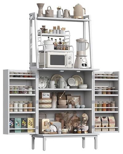 Semoic 51" Pantry Cabinet, Kitchen Storage Cabinet with Storage Shelves, Modern Kitchen Hutch with Microwave Stand, Adjustable Shelves, Food Pantry Cabinet for Dining Room (White) Semoic