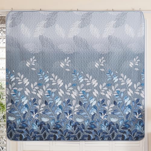 WONGS BEDDING Blue Quilt Set King Size,3 Pieces Navy Blue Floral Bedspread Coverlet Set with 2 Pillowcases,Soft Microfiber Lightweight Grayish Blue Gradient Floral Bedding Set 104"×90" WONGS BEDDING